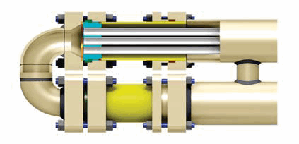 Rod-thru design with packed joint that allows straight-thru cleaning of tubes and removing bundle.